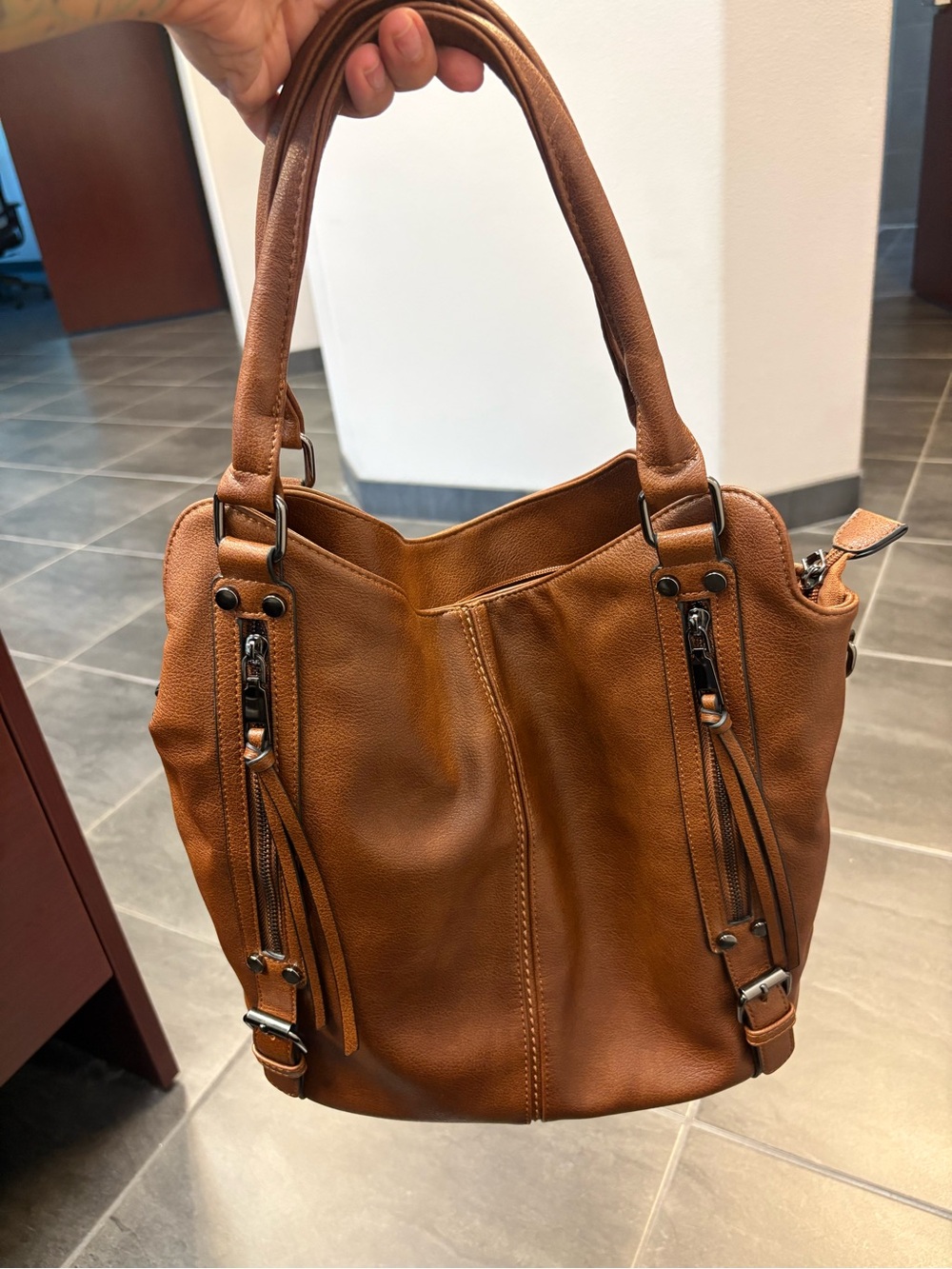 Women's Tan Hobo Shoulder Bag with Tassel Accents